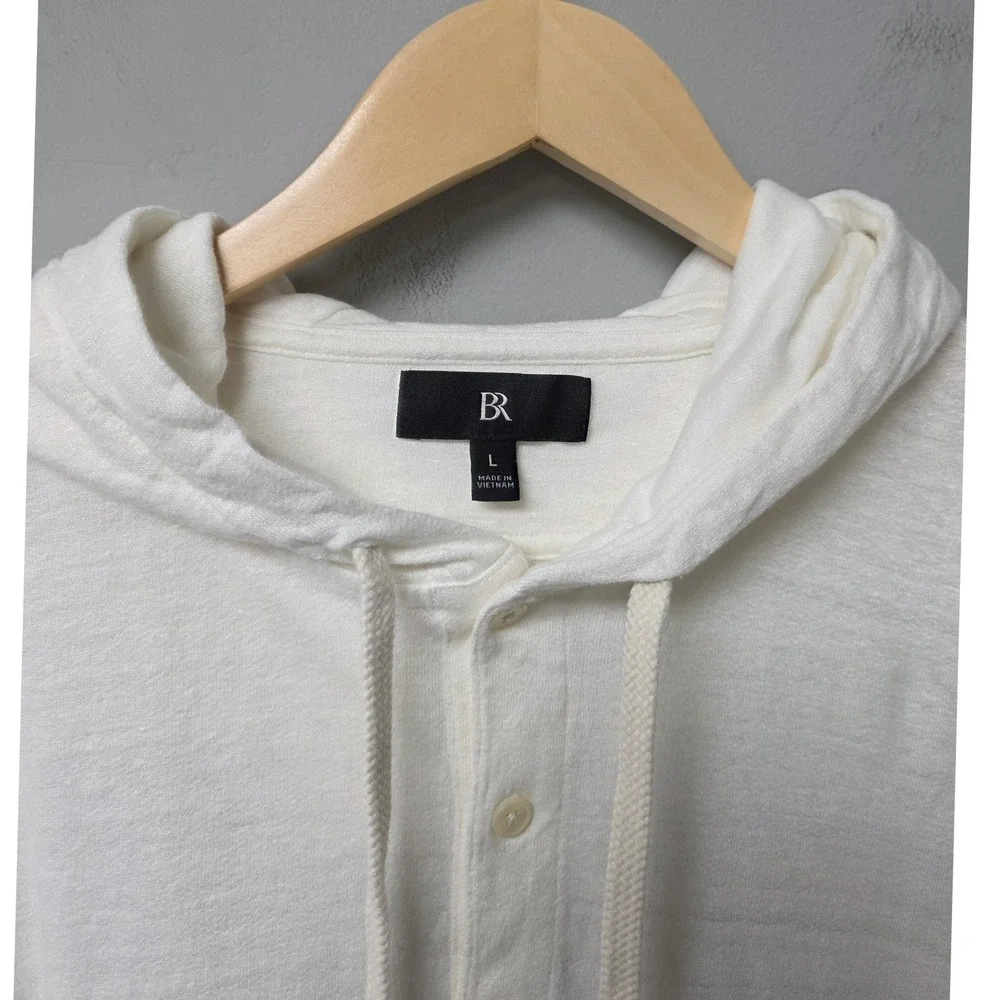 Banana Republic 100% Linen Hoodie Mens L Ivory Henley Pullover Beachy Coastal